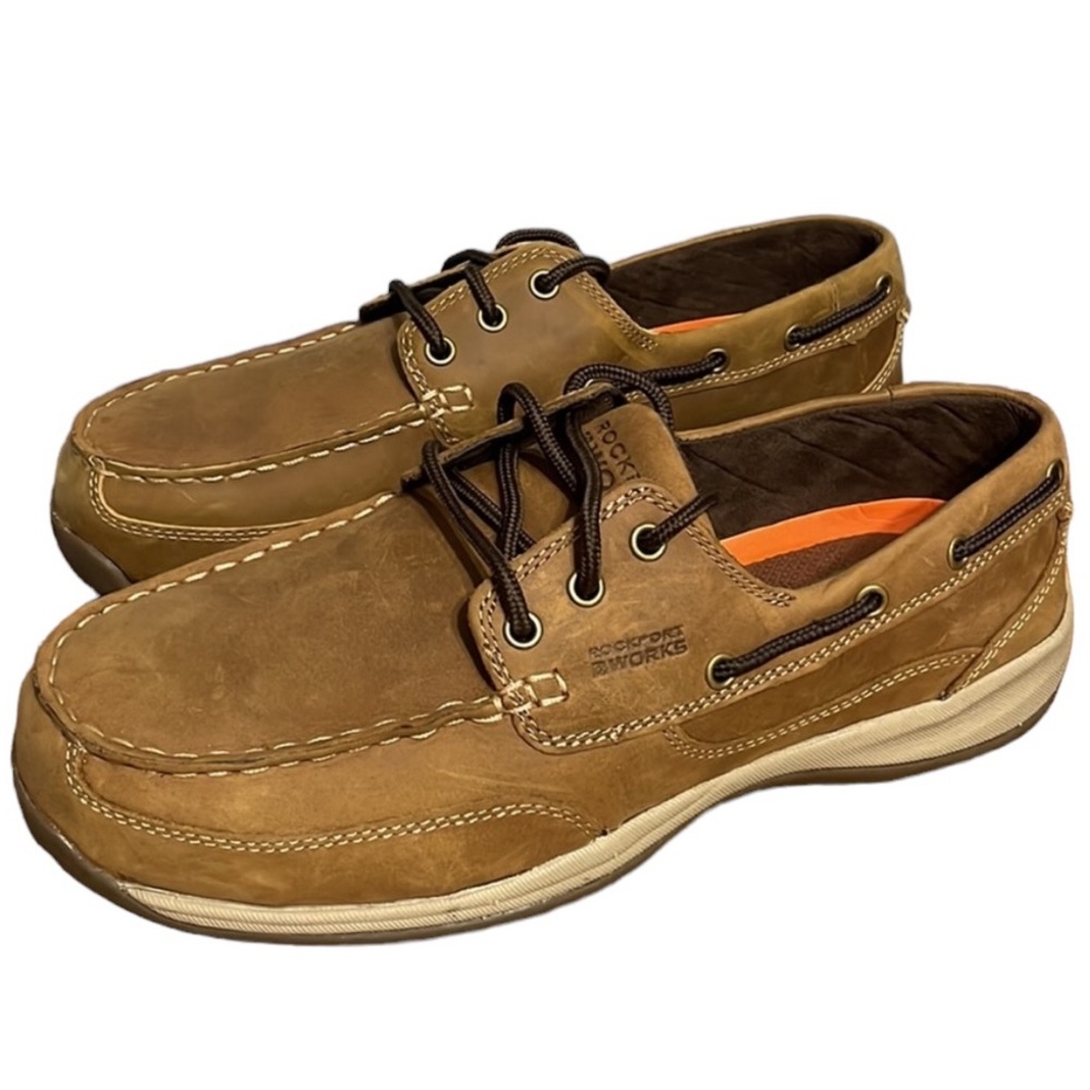 Rockport Steel toe safety work shoe | dress shoe | brown khaki boat shoes